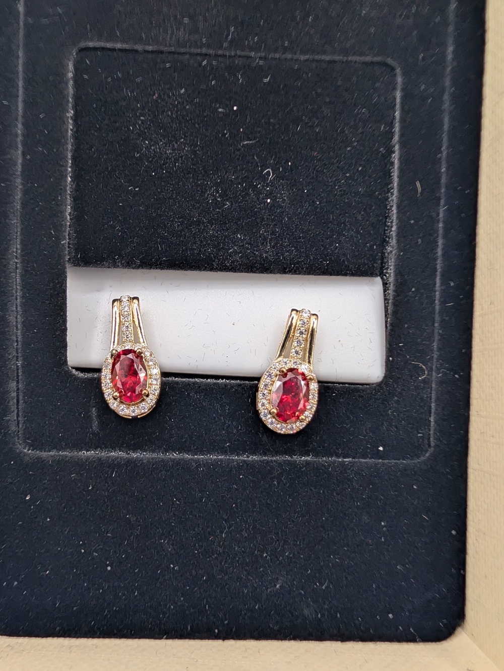 ​Red Moissanite Oval Halo Drop Earrings Gold over 925 Silver Screw Backs